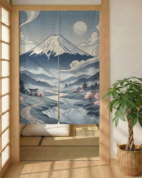 Blue noren curtain with a mountain landscape, moonlit sky, cherry blossoms, a flowing river, a torii gate, pagoda, misty hills, and plants.