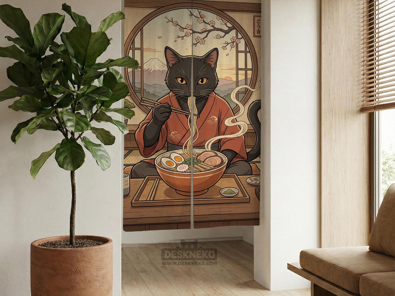 A decorative door curtain with a black cat design, cherry blossoms, and warm neutral background tones.