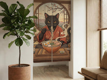 A decorative door curtain with a black cat design, cherry blossoms, and warm neutral background tones.