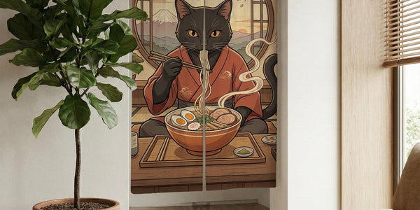 A decorative door curtain with a black cat design, cherry blossoms, and warm neutral background tones.