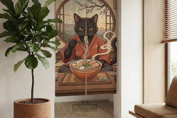 A decorative door curtain with a black cat design, cherry blossoms, and warm neutral background tones.