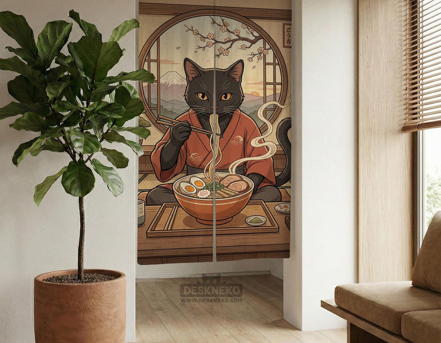 A decorative door curtain with a black cat design, cherry blossoms, and warm neutral background tones.