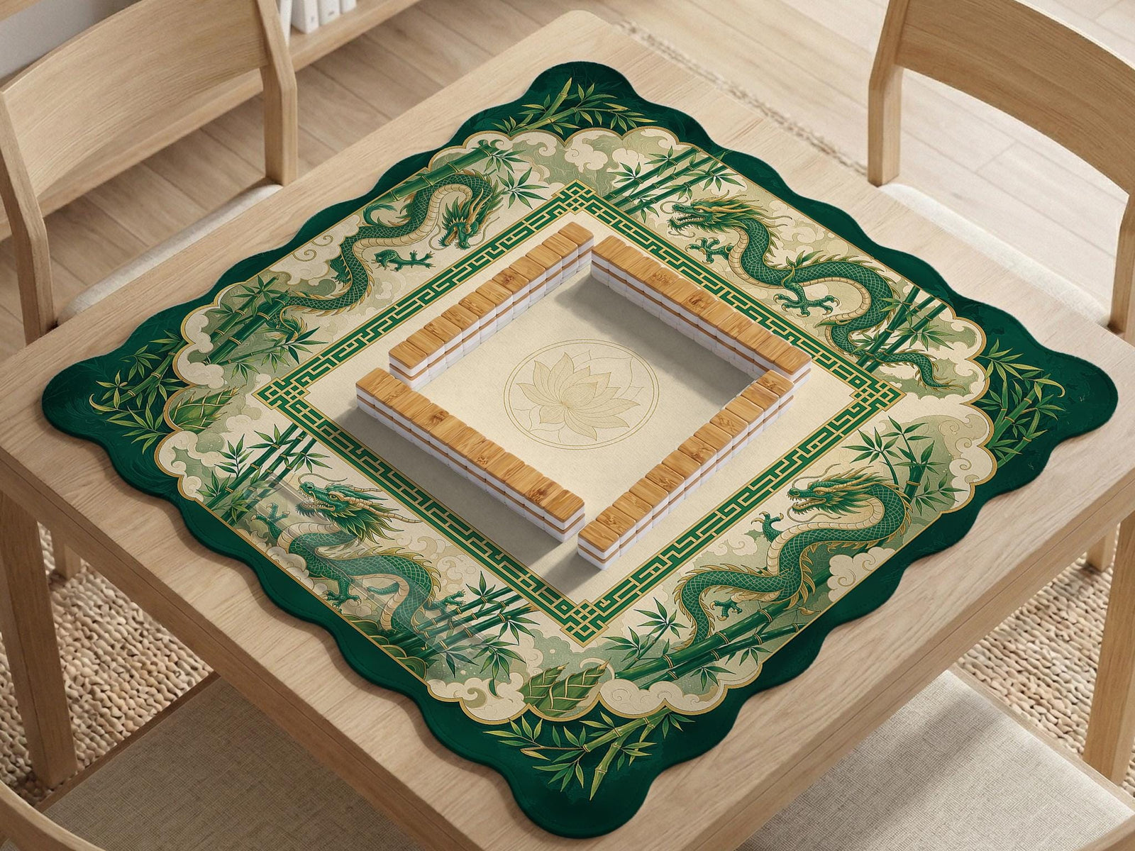 A scalloped mahjong mat with jade green dragon artwork, a bamboo border, and a cream center.