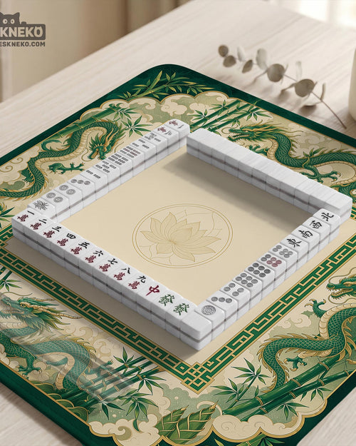 Green mahjong mat with dragon and bamboo artwork and a clean open center.