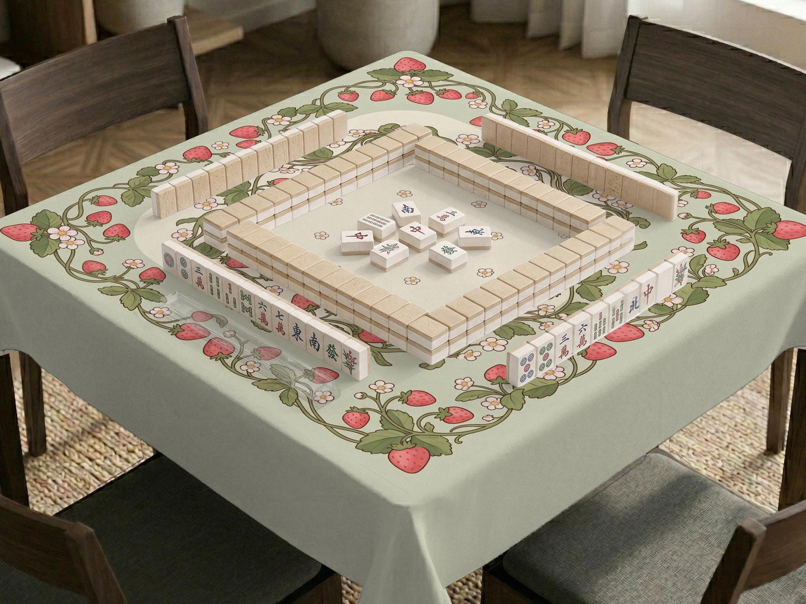 Square sage green mahjong mat with a strawberry vine border, small floral details, and an open center area.