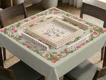 Square sage green mahjong mat with a strawberry vine border, small floral details, and an open center area.