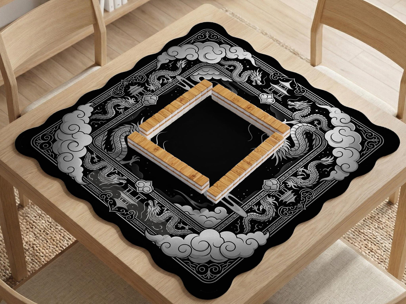 Square mahjong table mat with a black and silver dragon border, cloud details, and a scalloped edge.