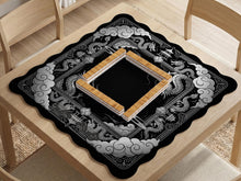 Square mahjong table mat with a black and silver dragon border, cloud details, and a scalloped edge.
