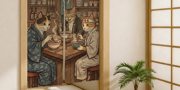 A split-panel Japanese noren curtain showing a ramen shop scene with three cats, warm lantern light, and vintage-style artwork in beige, muted teal, and brown tones.
