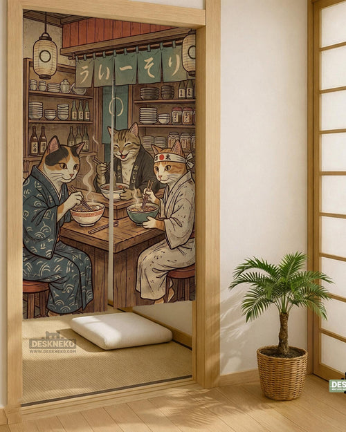 A split-panel Japanese noren curtain showing a ramen shop scene with three cats, warm lantern light, and vintage-style artwork in beige, muted teal, and brown tones.