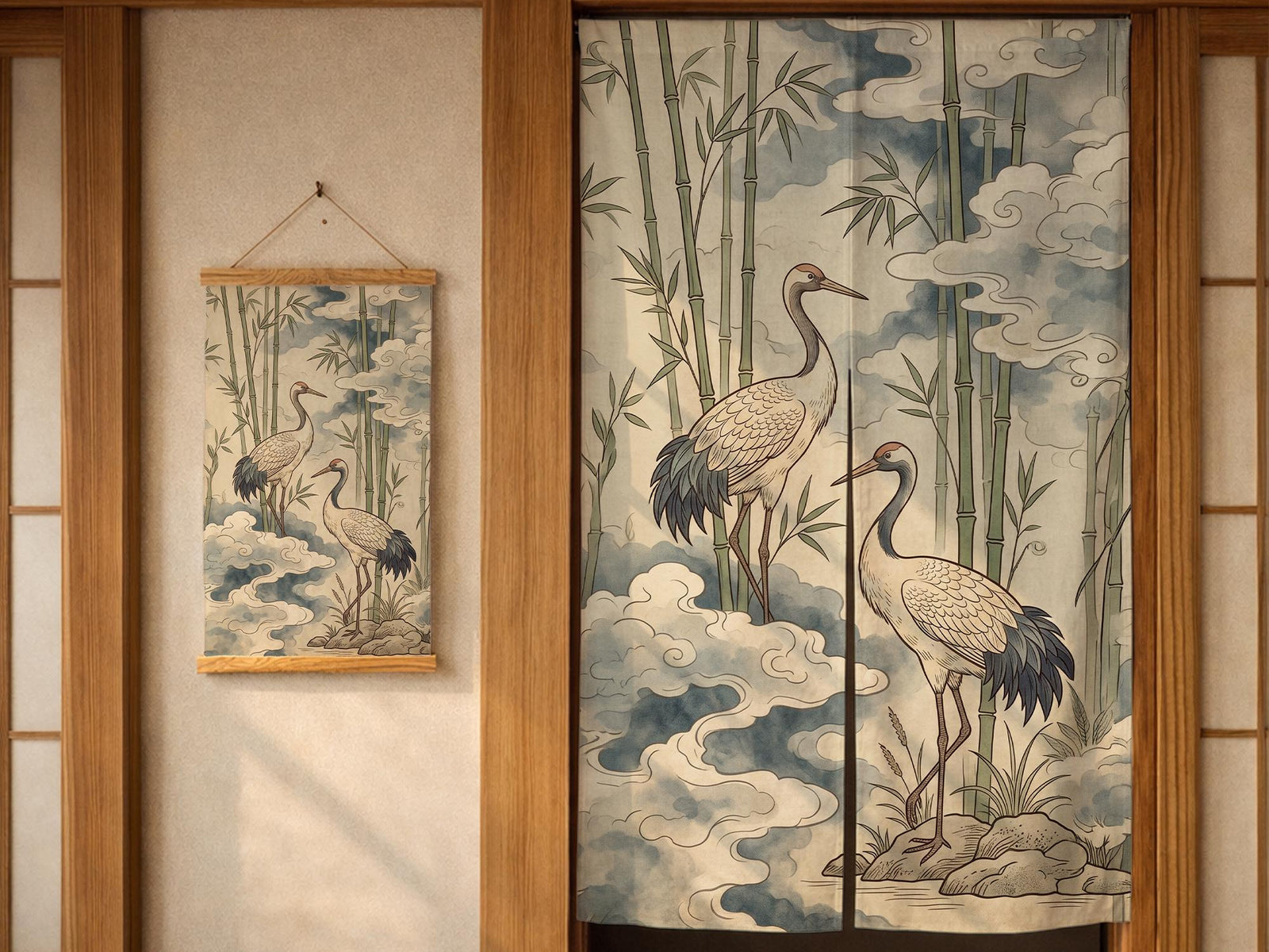 Noren door curtain with a crane and bamboo design, muted blue clouds, and warm neutral tones. The listing also shows wall tapestry and wall scroll options.