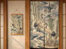 Noren door curtain with a crane and bamboo design, muted blue clouds, and warm neutral tones. The listing also shows wall tapestry and wall scroll options.