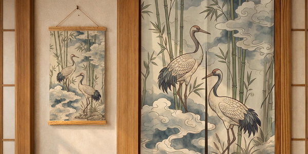 Noren door curtain with a crane and bamboo design, muted blue clouds, and warm neutral tones. The listing also shows wall tapestry and wall scroll options.
