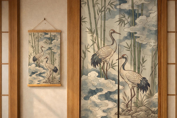 Noren door curtain with a crane and bamboo design, muted blue clouds, and warm neutral tones. The listing also shows wall tapestry and wall scroll options.