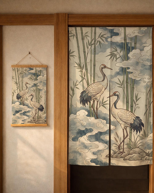 Noren door curtain with a crane and bamboo design, muted blue clouds, and warm neutral tones. The listing also shows wall tapestry and wall scroll options.