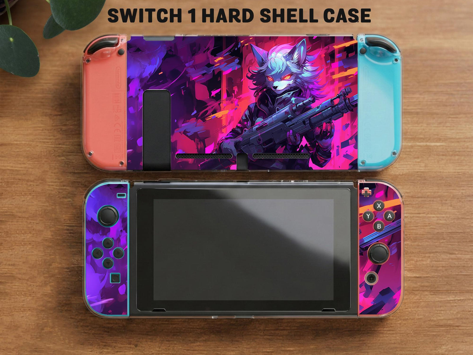 Switch carrying case with a neon wolf design in pink, purple, blue, and black on a dark background.