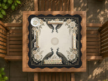 Square ivory mahjong mat with a black peacock border, cream flowers, and gold accent details.