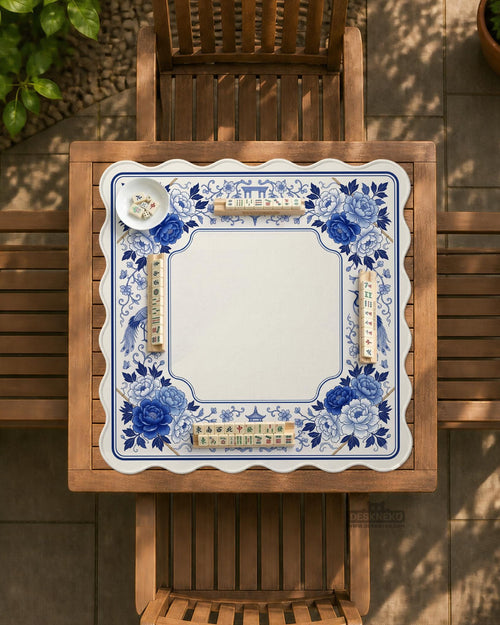 Square mahjong table mat with a blue and white floral design, bird artwork, peonies, vines, and a framed play area.