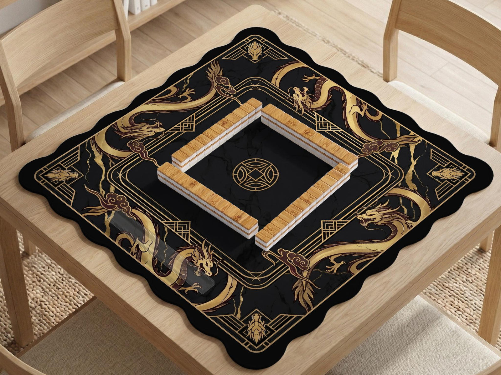 Black mahjong table mat with a gold dragon border, gold geometric corner details, and a clear center play area.