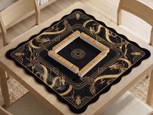 Black mahjong table mat with a gold dragon border, gold geometric corner details, and a clear center play area.