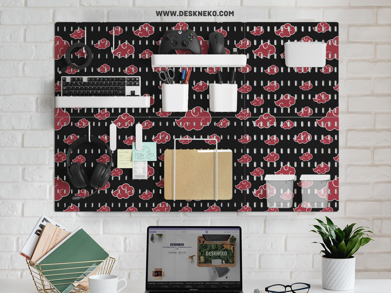 Black pegboard panels with red cloud pattern, shown with hooks, shelves, containers, clips, and a letter holder.