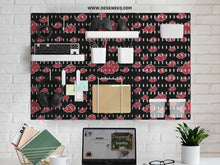 Black pegboard panels with red cloud pattern, shown with hooks, shelves, containers, clips, and a letter holder.