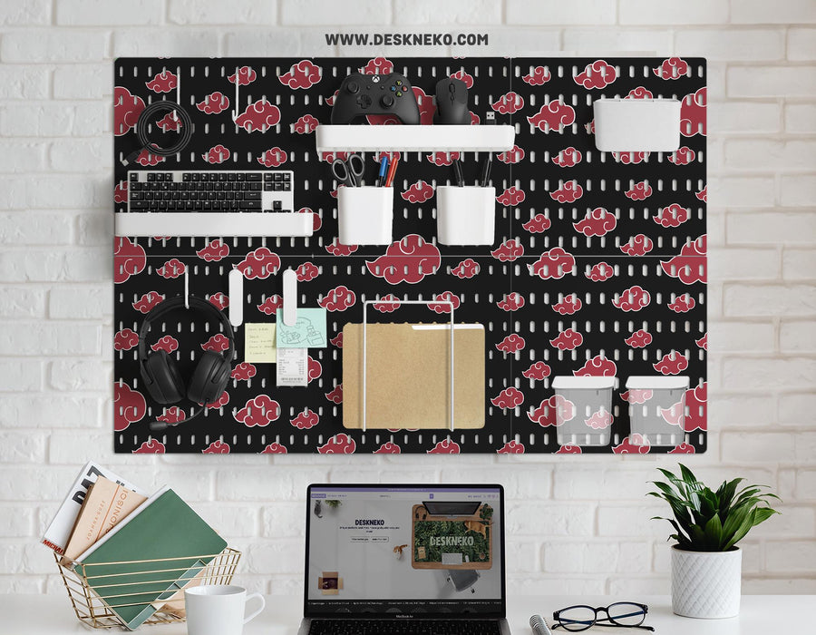Black pegboard panels with red cloud pattern, shown with hooks, shelves, containers, clips, and a letter holder.