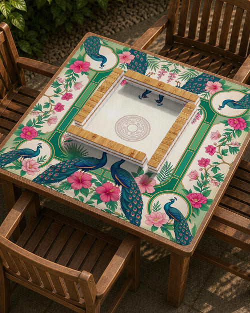A square mahjong mat with mirrored peacocks, pink hibiscus flowers, leafy botanical details, green panels, cream space, and decorative gold borders.