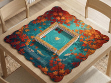 Square teal mahjong mat with koi fish, falling autumn leaves, and pond water artwork.