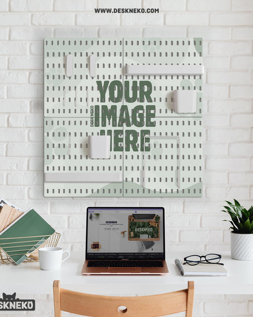 Custom printed desk pegboard organizer with multiple square wall panels and small storage accessories arranged in a grid layout.