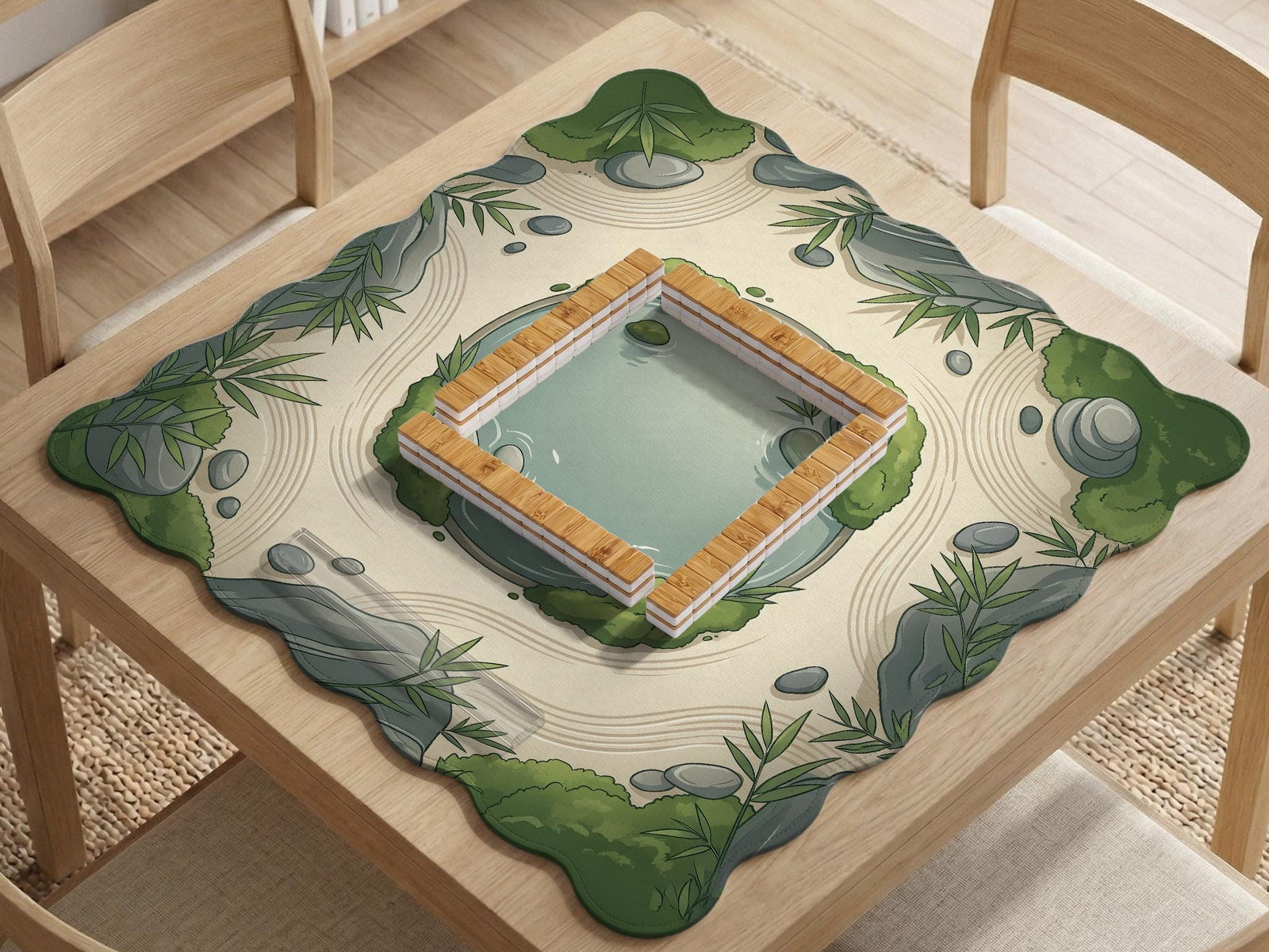 Scalloped sage green mahjong mat with bamboo leaves, stones, a small pond, and cream sand lines.