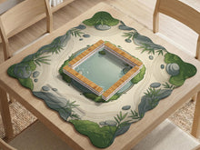 Scalloped sage green mahjong mat with bamboo leaves, stones, a small pond, and cream sand lines.