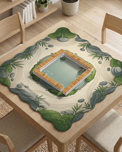 Scalloped sage green mahjong mat with bamboo leaves, stones, a small pond, and cream sand lines.