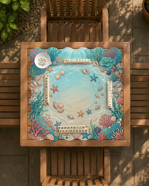 A round mahjong mat with a scalloped border, coral-colored seashells, starfish, and aqua ocean water details around an open center.
