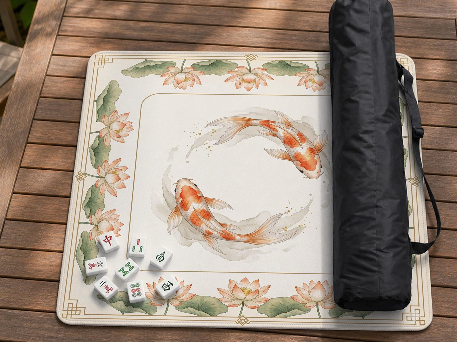 Ivory square mahjong mat with watercolor koi fish, lotus flowers, peach blossoms, sage leaves, and a thin gold border.