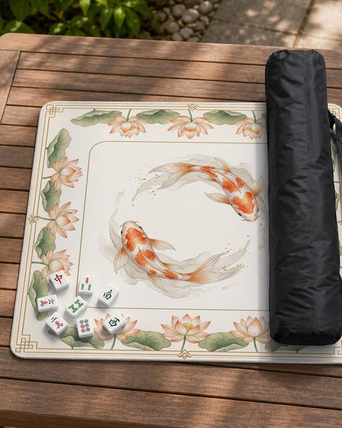 Ivory square mahjong mat with watercolor koi fish, lotus flowers, peach blossoms, sage leaves, and a thin gold border.
