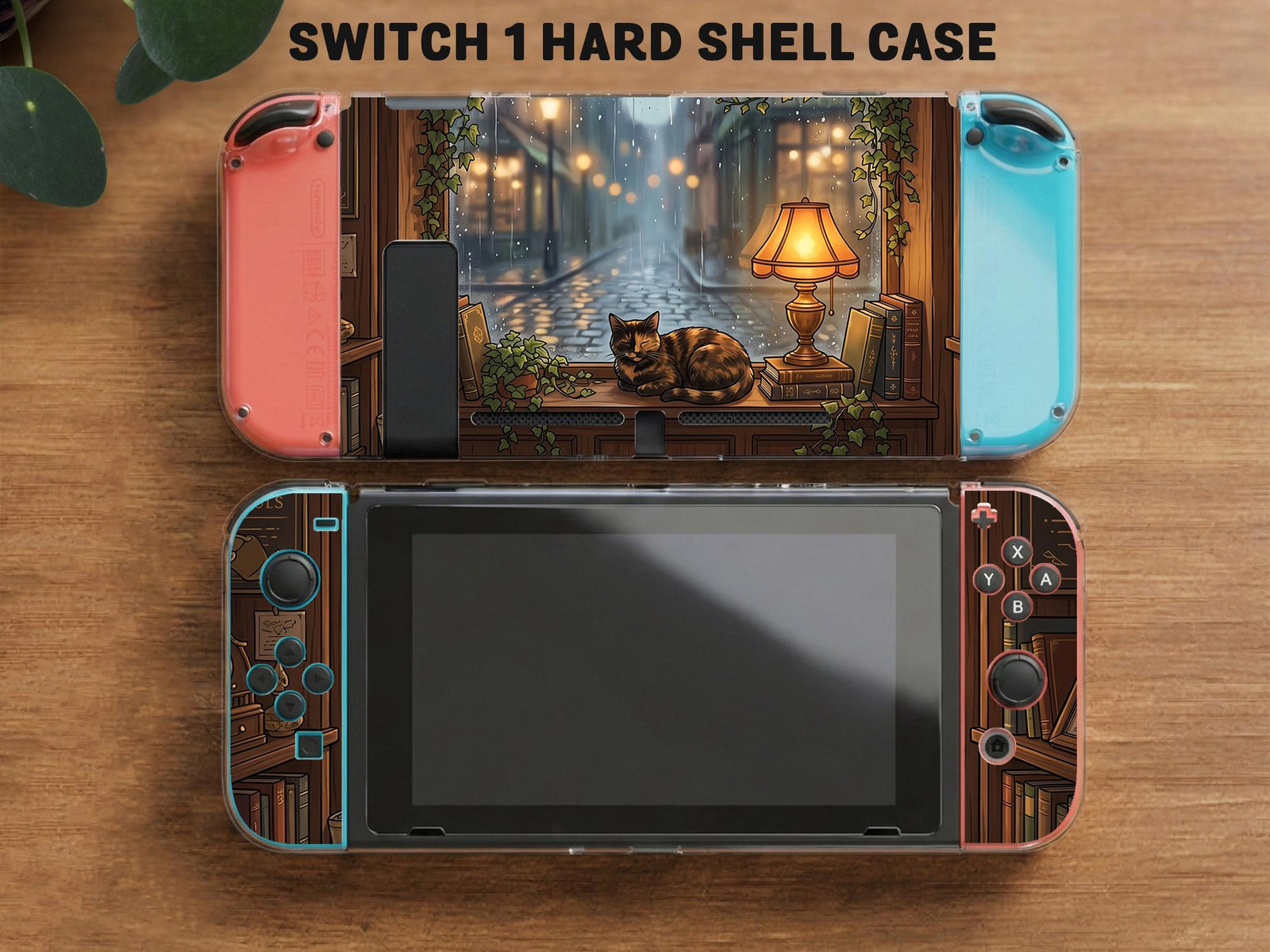 A Switch case design showing a cozy library scene with a sleeping cat, bookshelves, warm lamp light, plants, and rain outside.