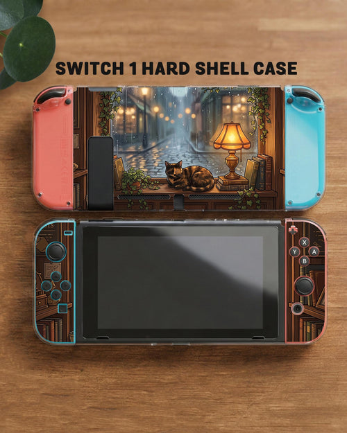 A Switch case design showing a cozy library scene with a sleeping cat, bookshelves, warm lamp light, plants, and rain outside.