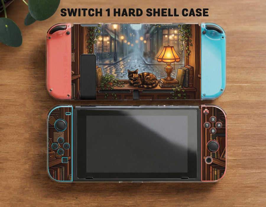 A Switch case design showing a cozy library scene with a sleeping cat, bookshelves, warm lamp light, plants, and rain outside.