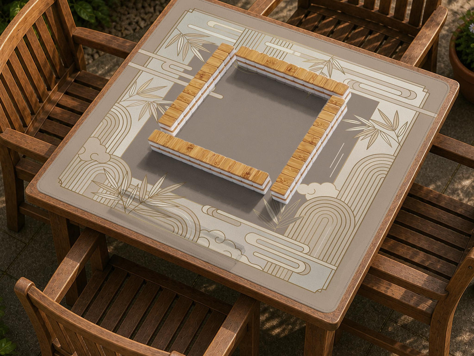 Beige and gold square mahjong mat with a bamboo pattern and geometric border.
