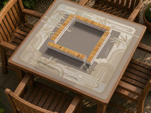 Beige and gold square mahjong mat with a bamboo pattern and geometric border.