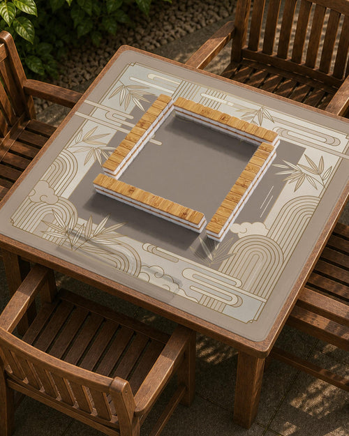 Beige and gold square mahjong mat with a bamboo pattern and geometric border.