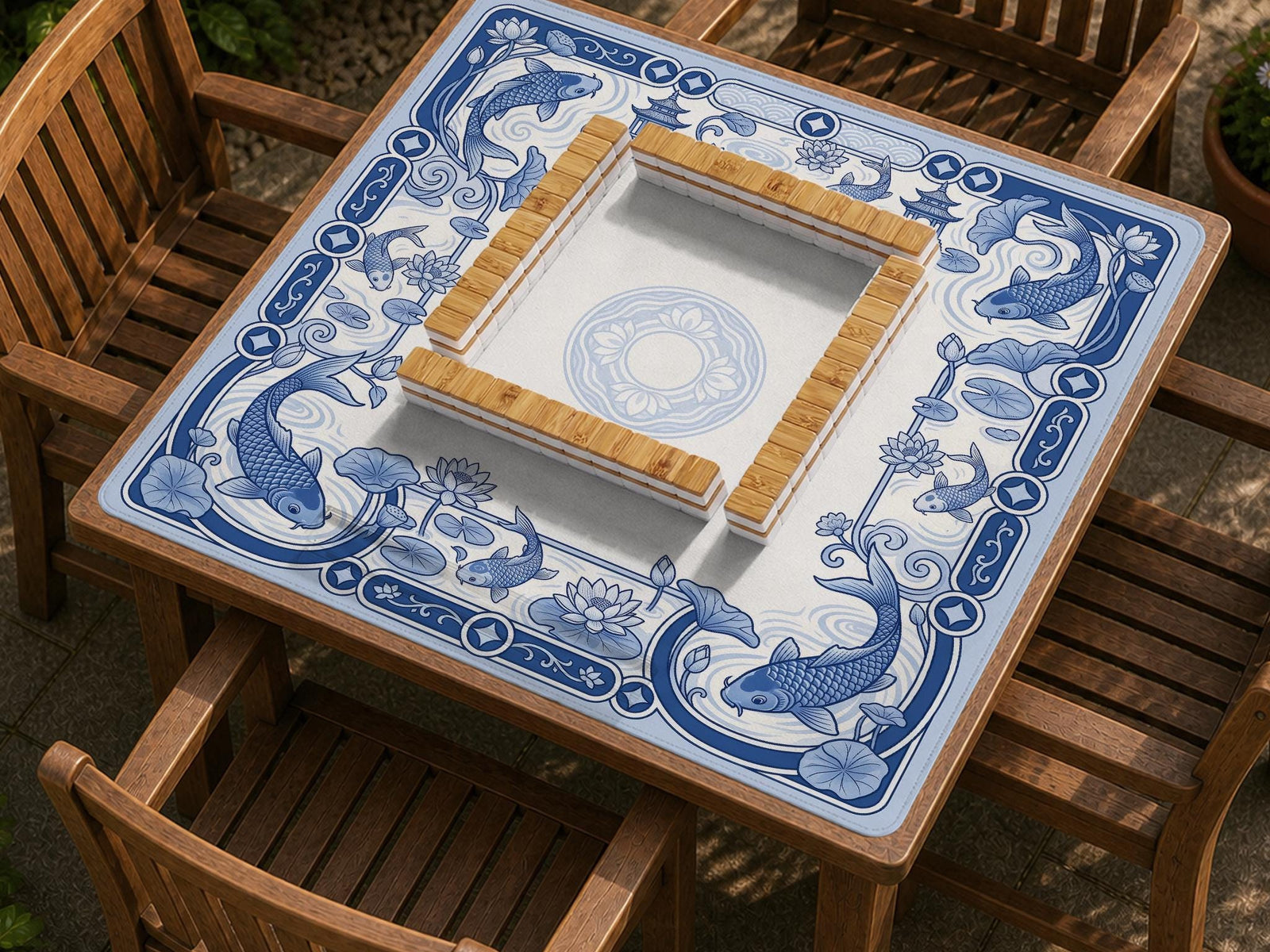 Blue and white square mahjong mat with a koi fish and lotus border design and a plain center area.