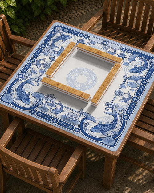 Blue and white square mahjong mat with a koi fish and lotus border design and a plain center area.