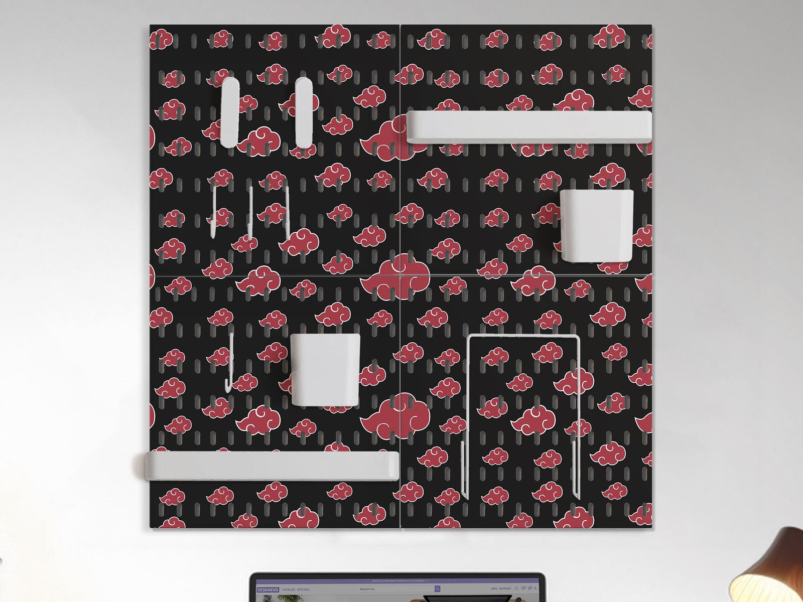 Black pegboard set with a red cloud pattern, shown as four square panels with hooks, shelves, containers, clips, and a letter holder.