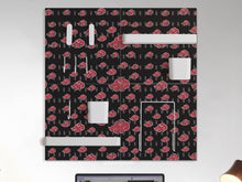 Black pegboard set with a red cloud pattern, shown as four square panels with hooks, shelves, containers, clips, and a letter holder.