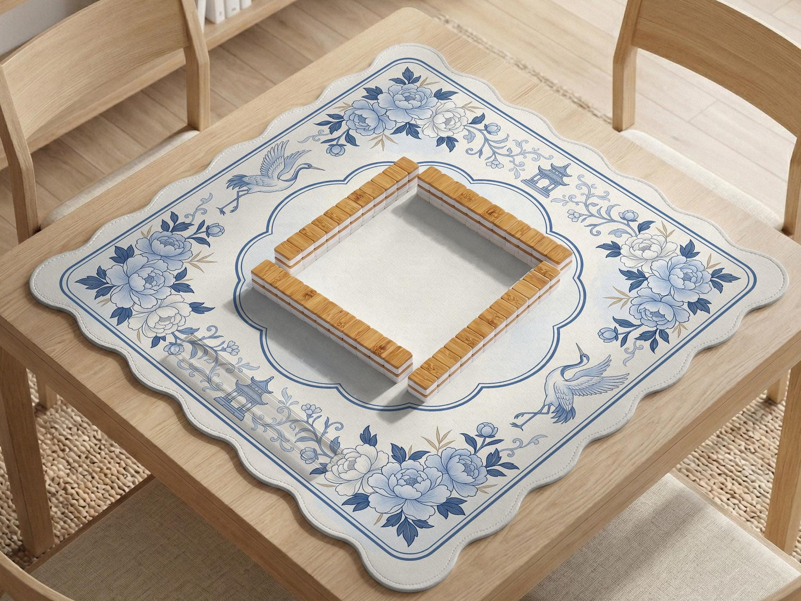 Square mahjong mat with a blue chinoiserie floral pattern on a light background.