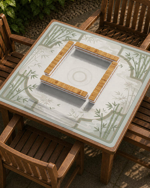 Square mahjong table mat with a pale cream center and green bamboo chinoiserie corners and border.