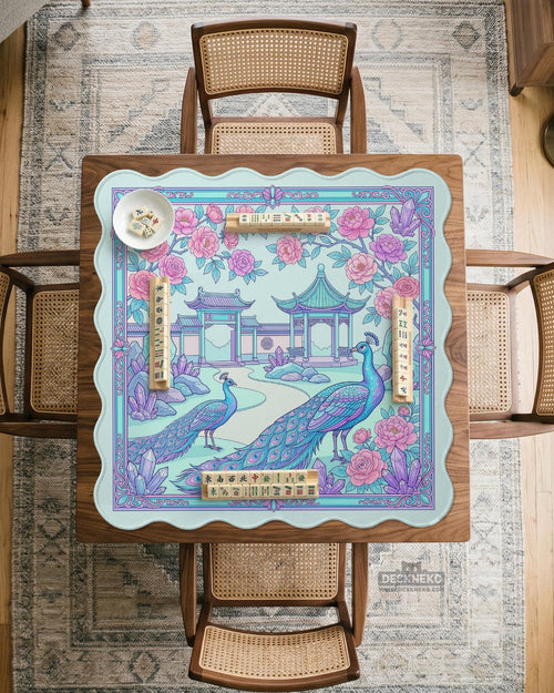 Turquoise square mahjong mat with a pastel floral garden scene, peonies, crystals, pavilion architecture, and ornate corner details.