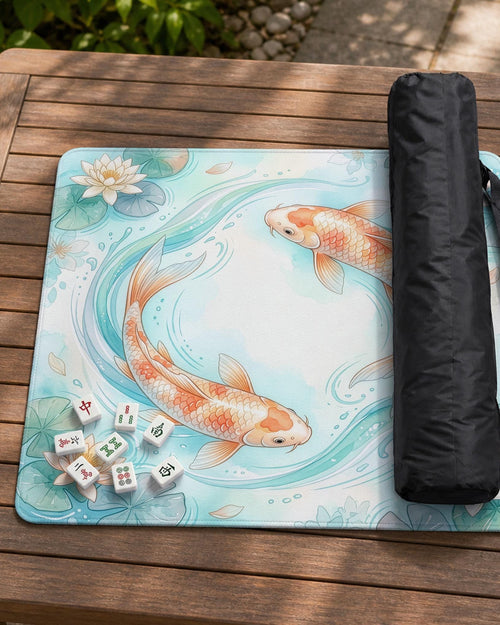 Pastel aqua square mahjong mat with orange koi fish, lotus flowers, lily pads, and flowing water lines.